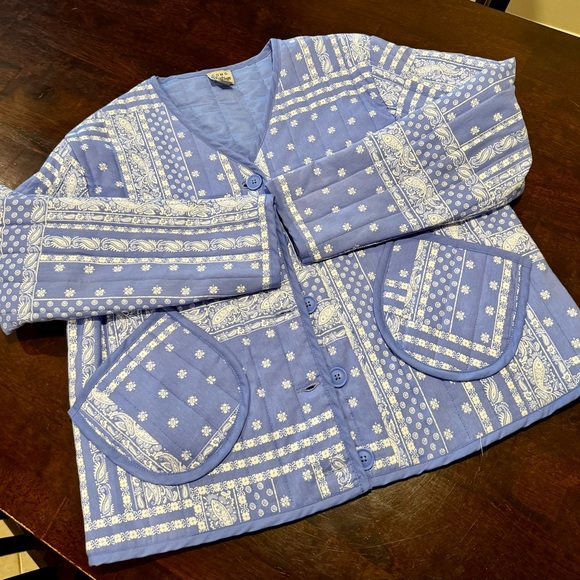 Como Vintage Blue and White Patchwork Cottagecore Quilted Chore Jacket - Picture 4 of 9